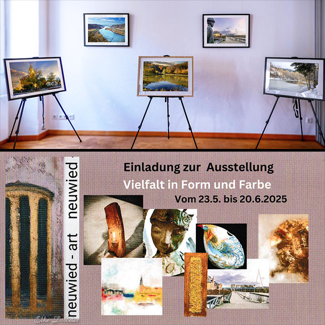 Fotomontage zur Kunstausstellung 'Vielfalt in Form und Farbe' von neuwied-art. Oberer Teil: Vier gerahmte Fotografien auf Staffeleien in einer hellen Ausstellungsumgebung. Unterer Teil: Ausschnitt des Ausstellungsflyers mit dem Titel 'Einladung zur Ausstellung Vielfalt in Form und Farbe Vom 23.5. bis 20.6.2025', dem Logo 'neuwied - art neuwied' und einer Collage verschiedener Kunstwerk-Details.