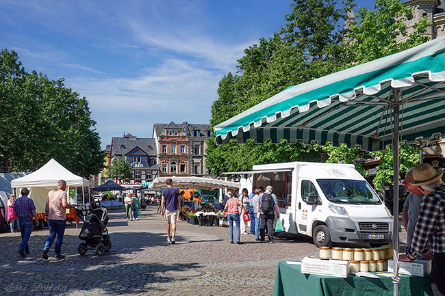 Ein belebter Wochenmarkt auf einem gepflasterten Platz an einem sonnigen Tag. Im Vordergrund rechts ist ein Marktstand mit grün-weißer Markise zu sehen. Im Hintergrund stehen grüne Bäume und historische Stadthäuser unter einem blauen Himmel, während zahlreiche Menschen zwischen den Ständen umherschlendern.