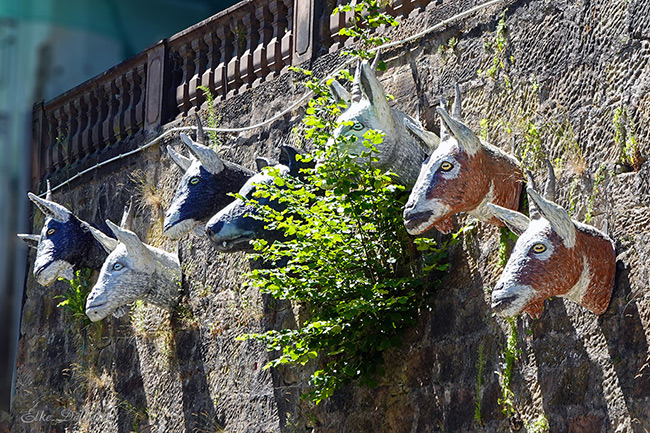 Nahaufnahme des Wolfes und der sieben Geißlein an einer Wand