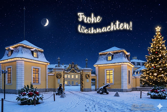 Das Schloss in Neuwied in winterlicher Stimmung: festlich geschmückt, mit beleuchtetem Tannenbaum im Vordergrund und einer ruhigen Schneelandschaft, die dem Bild eine warme, weihnachtliche Atmosphäre verleiht.